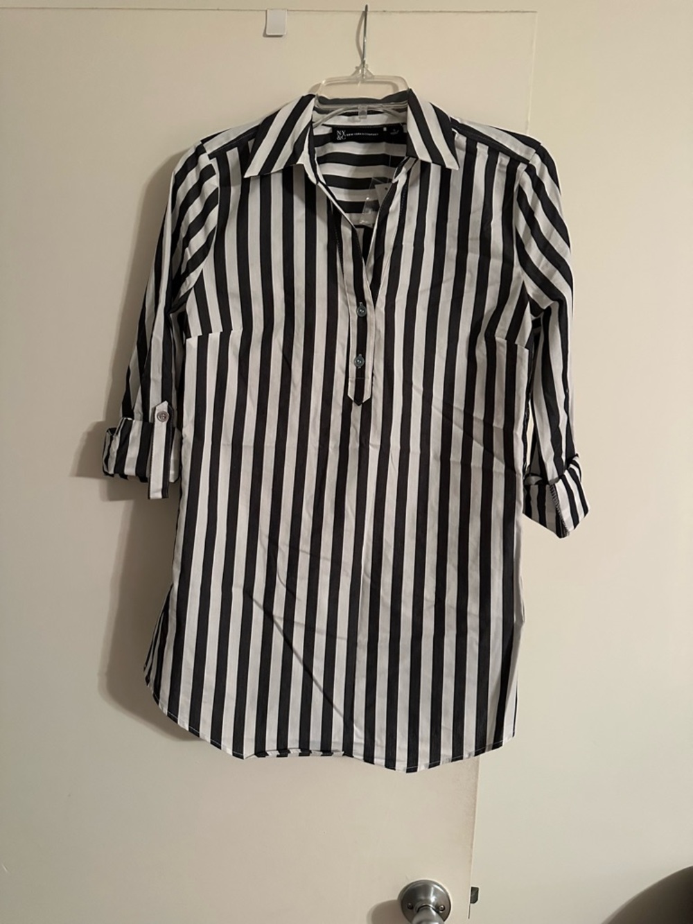 New York & Company Black and White Vertical Stripe Button-Front Blouse